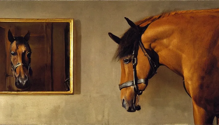 Image similar to painting by borremans, horse in front of the mirror, detailed, stunning