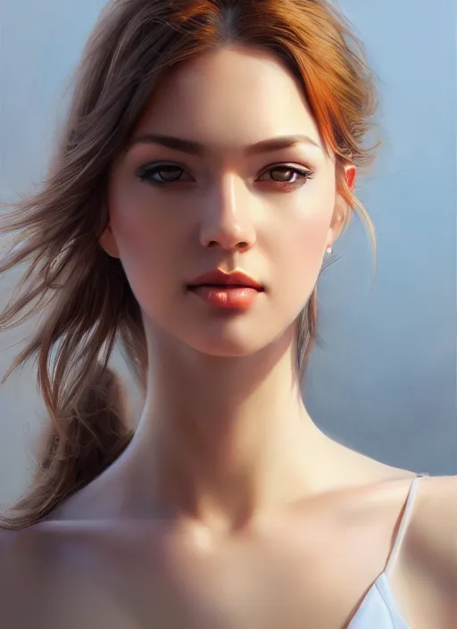 Image similar to high angle photo of a gorgeous young woman in the style of stefan kostic, realistic, sharp focus, 8 k high definition, insanely detailed, intricate, elegant, art by stanley lau and artgerm