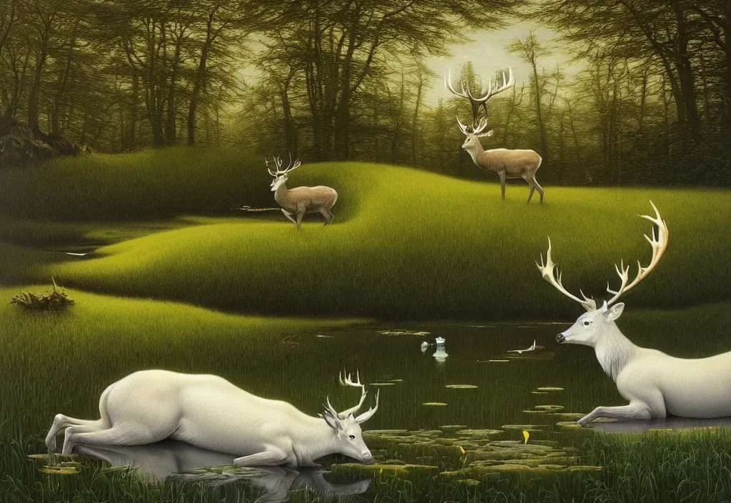 Image similar to hyper detailed 3d render like a Oil painting - white stag drinking from a pond in a peaceful lush meadow, by Jacek Yerka, Mariusz Lewandowski, Houdini algorithmic generative render, Abstract brush strokes, Masterpiece, Edward Hopper and James Gilleard, Zdzislaw Beksinski, Mark Ryden, Wolfgang Lettl, hints of Yayoi Kasuma, octane render, 8k