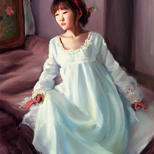 Prompt: Korean girl in nightgown, painting by Vladimir Volegov,