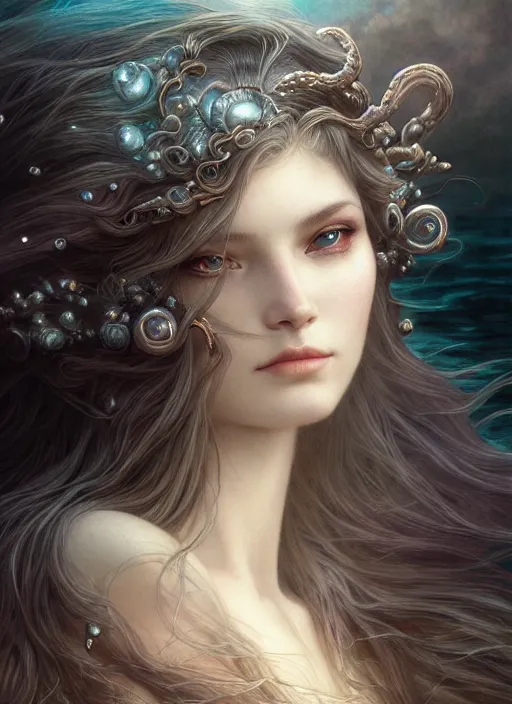 Image similar to beautiful goddess portrait of a seductive twilight princess dreaming in underwater murky light, wind blown hair! dark fantasy esoteric, closeup, d & d, fantasy, intricate, elegant, highly detailed, digital painting, artstation, concept art, matte, sharp focus, illustration, art by artgerm and tom bagshaw and greg rutkowski and alphonse mucha