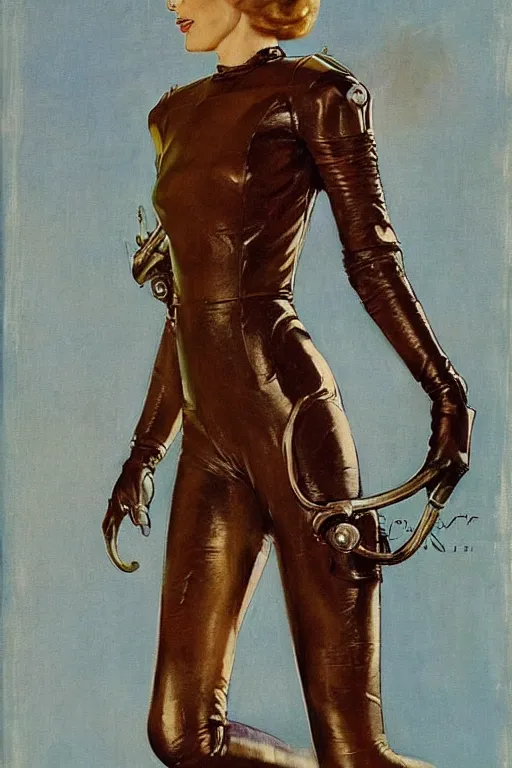 Image similar to 5 0 s pulp scifi fantasy illustration full body portrait elegant slim mature woman in leather spacesuit, background english countyside, by norman rockwell, roberto ferri, daniel gerhartz, edd cartier, jack kirby, howard v brown, ruan jia, tom lovell, frank r paul, jacob collins, dean cornwell, astounding stories, amazing, fantasy, other worlds