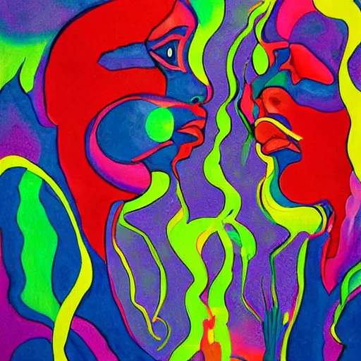 Image similar to expressive painting by francesca sundsten of two bizarre psychedelic femme creatures kissing each other closeup. they are part of an alien landscape. speculative evolution, exobiology