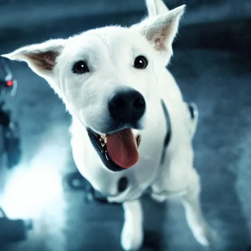 Image similar to movie still of robot white swiss shepperd dog cyborg, cinematic composition, cinematic light, criterion collection, by edgar wright