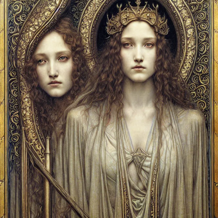 Image similar to detailed realistic beautiful young medieval queen face portrait by jean delville, gustave dore and marco mazzoni, art nouveau, symbolist, visionary, gothic, pre - raphaelite. horizontal symmetry