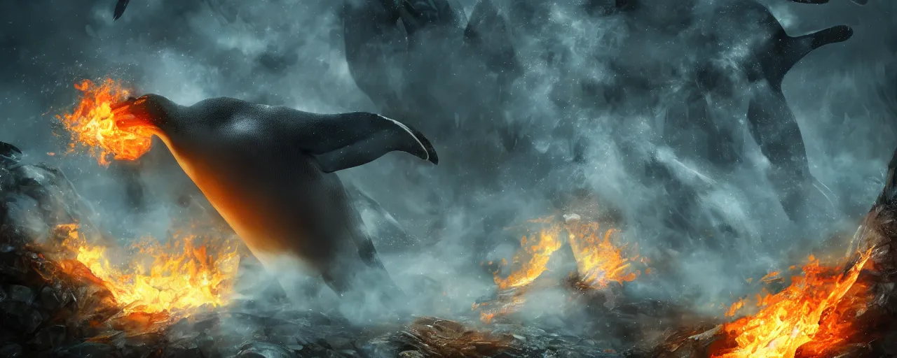 Image similar to a giant penguin breathing fire into a rainforest, large scale, breathtaking, mixed media, digital art, trending on artstation, 8k, epic composition, highly detailed, AAA graphics