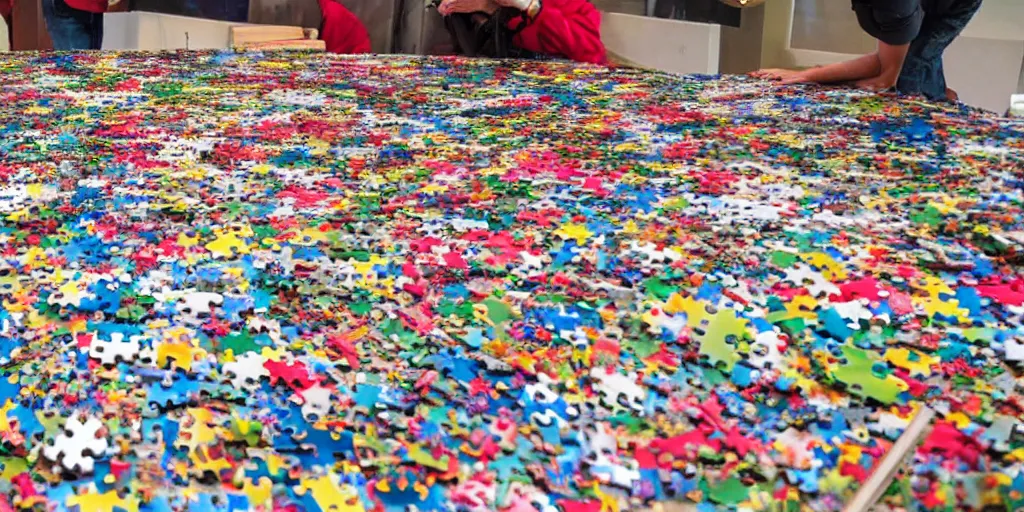 Prompt: a giant jigsaw puzzle being put together by tiny people