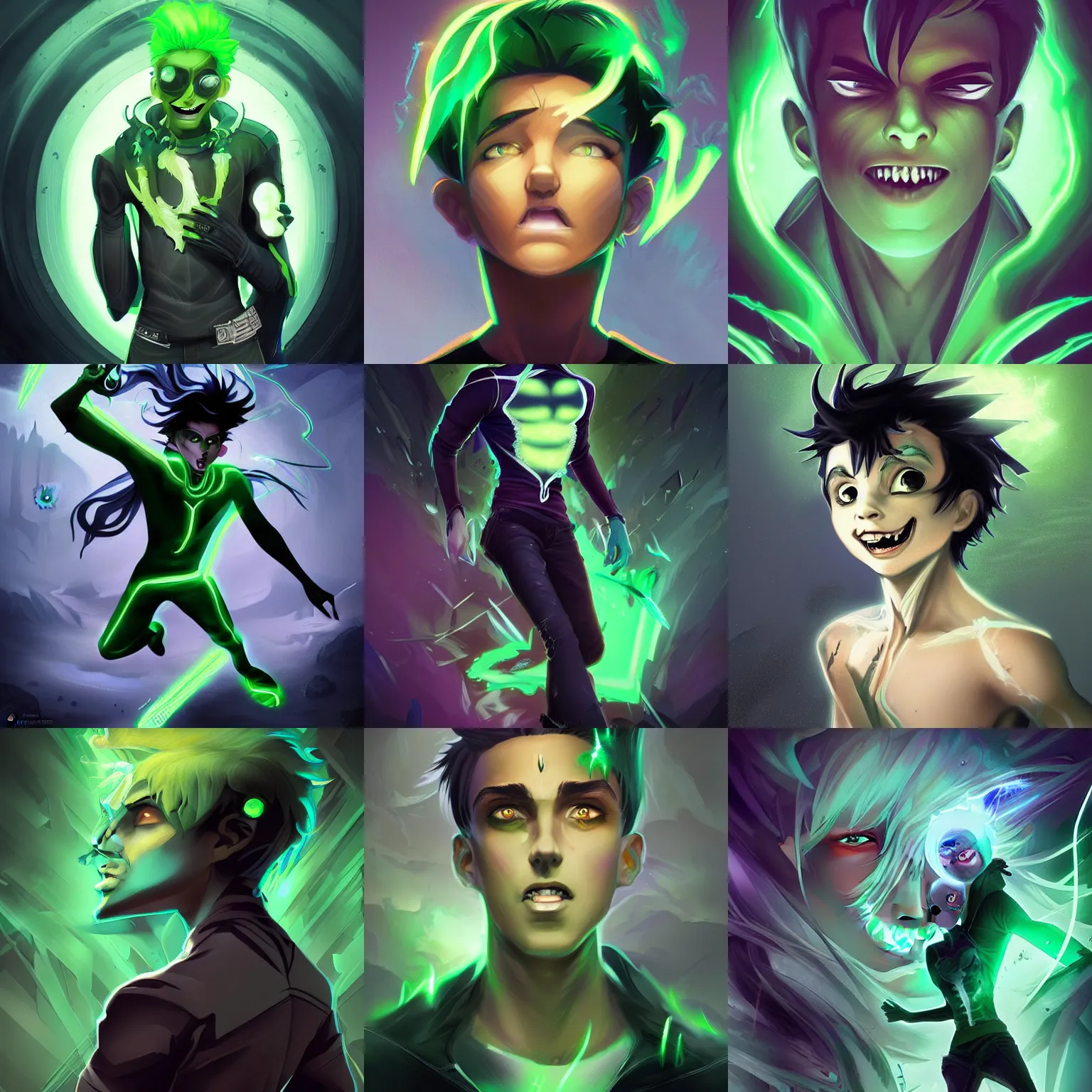 Prompt: A digital matte intricate illustration concept art of young Danny phantom with glowing green eyes and sharp fangs teeth alt art fashion inspired art by Charlie Bowater and Artgerm and Mark Arian and Ross Tran + neon colors + symmetry + greco-roman art, intricate complexity, epic composition, magical atmosphere, highly detailed, cinematic lighting + masterpiece, trending on artstation + 8k