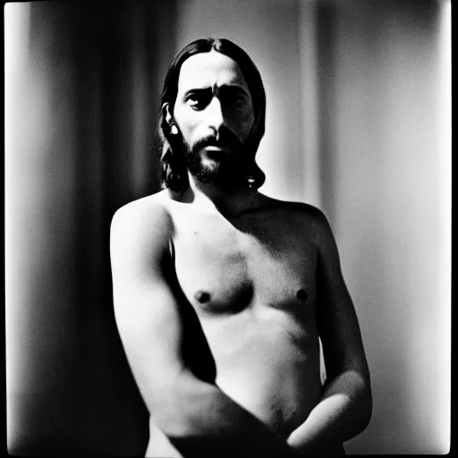 Image similar to photo of Jesus Christ by Diane Arbus, black and white, high contrast, Rolleiflex, 55mm f/4 lens