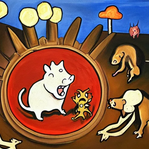 Prompt: an odd painting of a giant hog man summoning a mini devil pig while a rat army runs away