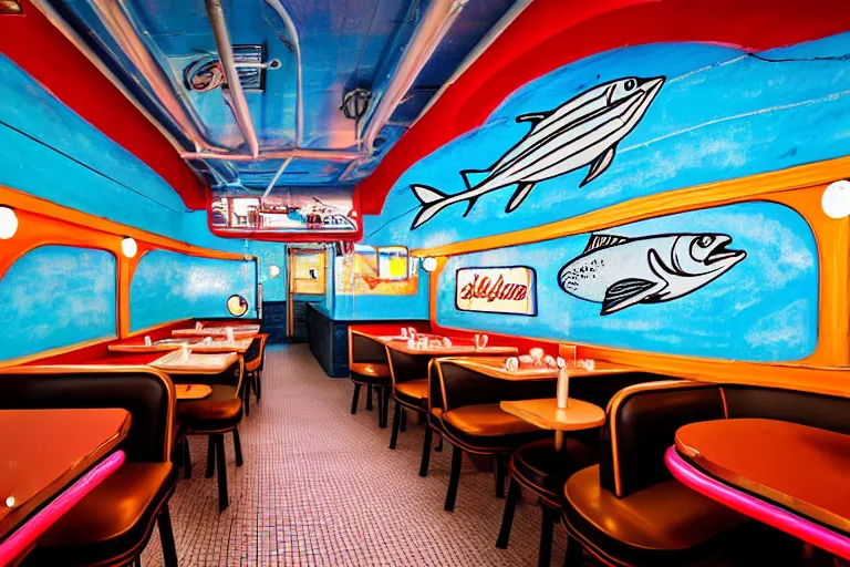 Image similar to 2 0 1 5 fish themed underwater american diner, googie architecture, two point perspective, americana, fishcore, restaurant interior photography, 8 5 mm, photo by jeff brouws