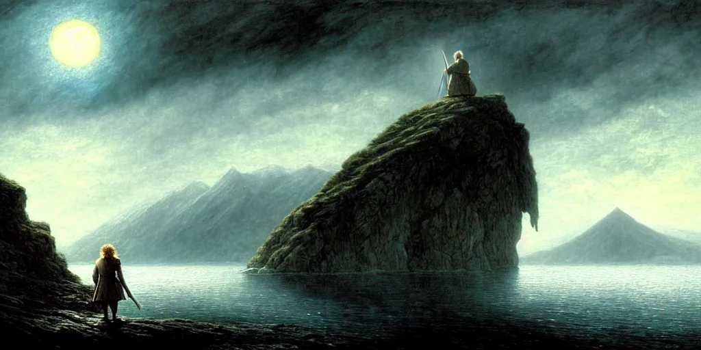 Image similar to a hobbit out at a lord of the rings scenery landscape, staring across the sea from the shore at a white timber sail boat leaving harbour, evening, highly detailed, vivid colour, soft clouds, full moon low in sky, cinematic lighting, perfect composition, gustave dore, derek zabrocki, greg rutkowski, belsinski