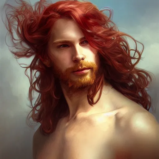 Image similar to portrait of a young carefree pirate, male, masculine, upper body, red hair, long hair, soft hair, D&D, fantasy, intricate, elegant, highly detailed, digital painting, artstation, concept art, matte, sharp focus, illustration, art by Artgerm and Greg Rutkowski and Alphonse Mucha