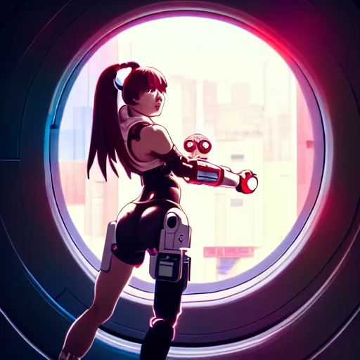 Image similar to beautiful cyborg - girl punching through a large reflective shattering window, window reflections, reflective, mirror reflection, refractions on lens, full round face, biomechanical details, cyberpunk anime art, full body shot, lens flare, wlop, ilya kuvshinov, artgerm, krenz cushart, greg rutkowski