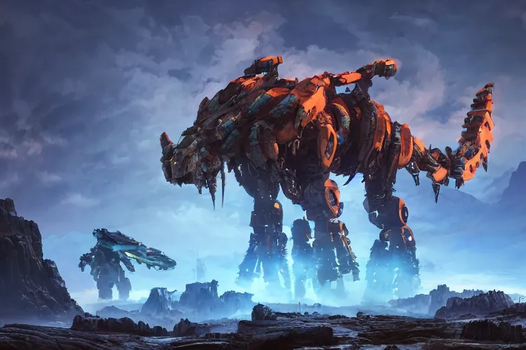 Image similar to tremortusk machine mecha animal beast robot of horizon forbidden west horizon zero dawn bioluminiscence global illumination ray tracing hdr fanart arstation by sung choi and eric pfeiffer and gabriel garza and casper konefal