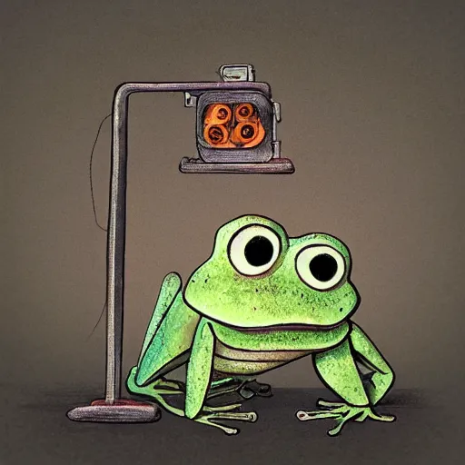 Prompt: dystopian frog machine in the style of shaun tan