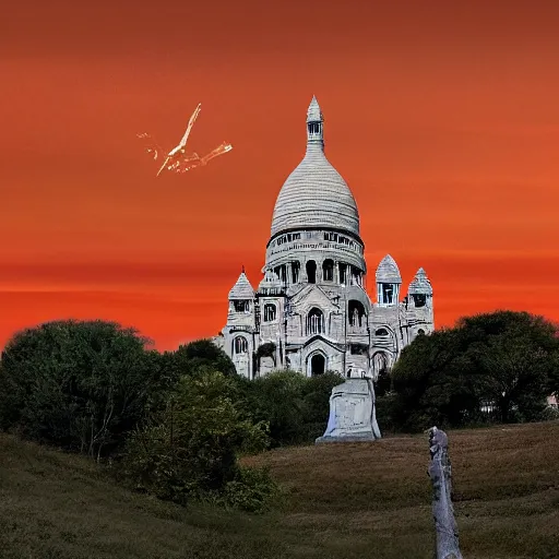 Prompt: abandoned Basilica of Sacré Coeur de Montmartre, toxic orange and pink clouds strain the sunlight, stark contrasting lighting, contrejour, a two-headed mutated deer-like creature looks on in the distance from the sparse twisted silhouetted foliage, a highly detailed colorful matte painting by Scott Listfield and Mikko Lagerstedt, featured on Artstation, Unreal Render, 8k HDR, fisheye