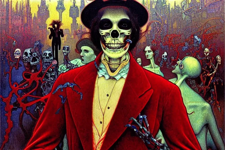 Image similar to realistic detailed closeup portrait painting of a single skeleton smoking wearing red velvet blazer in a crowded futuristic moscow street by Jean Delville, Amano, Yves Tanguy, Alphonse Mucha, Ernst Haeckel, Edward Robert Hughes, Roger Dean, rich moody colours, blue eyes