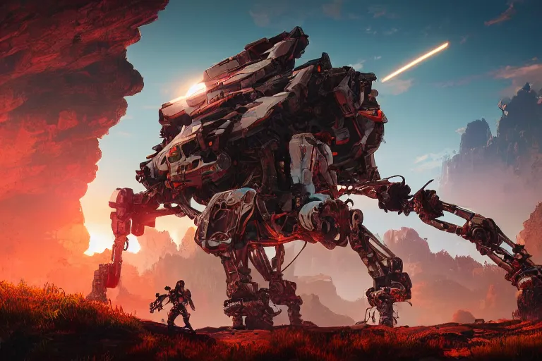 Image similar to rockbreaker machine mecanical creature robot of horizon forbidden west horizon zero dawn radiating a glowing aura global illumination ray tracing hdr fanart arstation by ian pesty and alena aenami artworks in 4 k