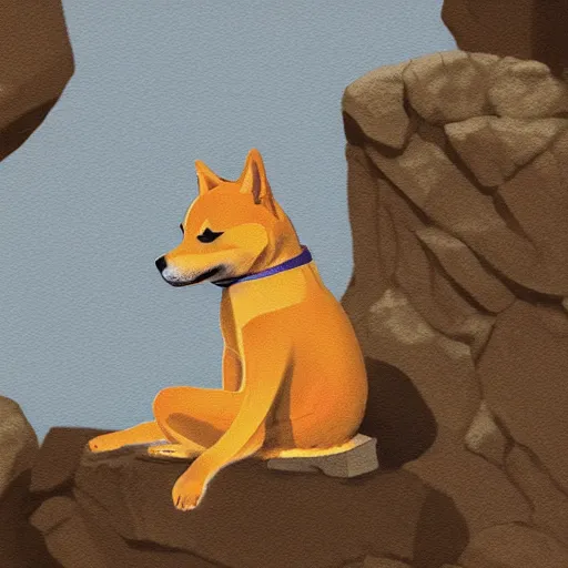 Prompt: a shiba inu monk reads a magazine on a rock, artstation