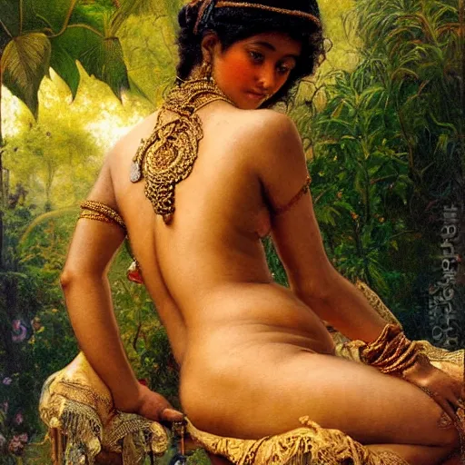 Prompt: detailed potrait 8 0 s srilankan girl with tatoos all over body in baroque style, girl graceful,, painting by gaston bussiere, craig mullins, j. c. leyendecker, lights, art by ernst haeckel, john william godward, hammershøi,,