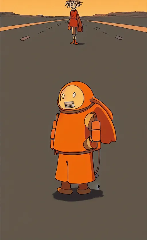 Image similar to a study of cell shaded cartoon of an orange robot monk from howl's moving castle ( 2 0 0 4 ) on a desert road, full body, wide shot, very muted colors, post grunge, studio ghibli, laurie greasley, highly detailed, deviantart, art by artgem