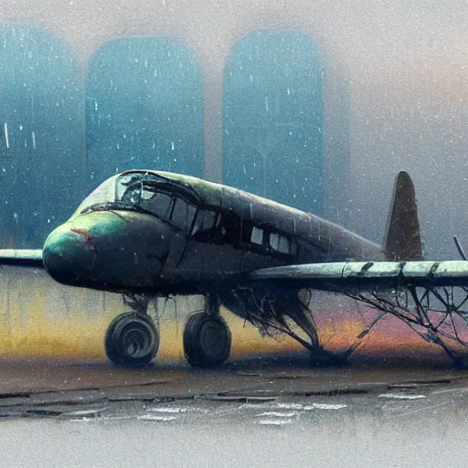 Prompt: movie frame of a vintage scrappy aircraft parked on the empty tarmac on a misty day, wet ground, neon lights, very wide angle shot, dramatic composition, by ian mcque, lip comarella, ferdinand knab, makoto shinkai and lois van baarle, artgerm, pixar, ilya kuvshinov,, tom bagshaw, global illumination