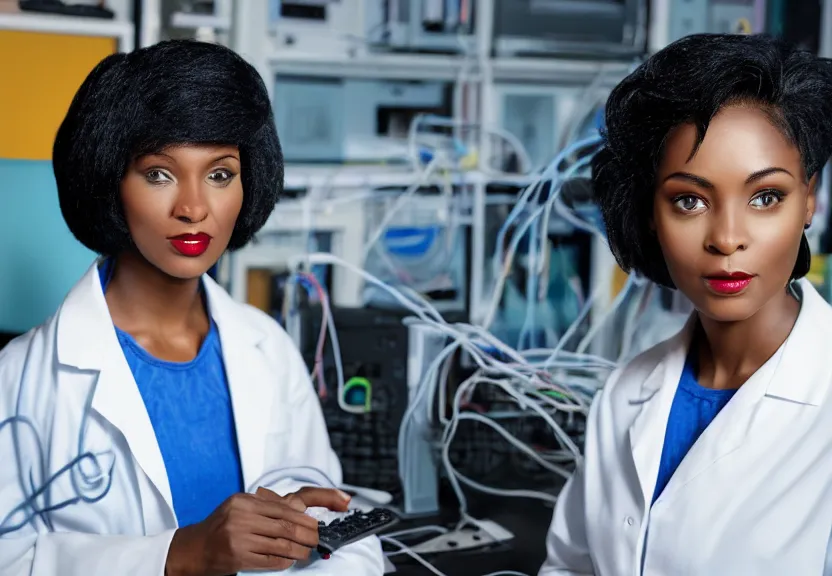 Prompt: dark skin woman wearing a white lab coat with a blue haircut, connected to wires and surrounded by 1 9 8 0 s computers, poloroid, dynamic lighting, dark ambience, detailed face, retro tech, 3 5 mm