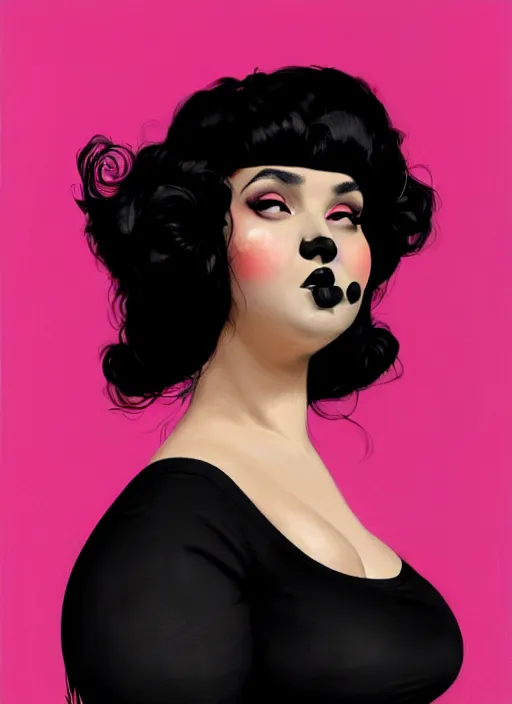 Image similar to portrait of a plump latino woman with a crooked nose and a confident expression, 1 9 6 0 s, black clothes, goth, punk, brightly coloured hair, funk, intricate, elegant, highly detailed, digital painting, artstation, concept art, smooth, sharp focus, illustration, art by wlop, mars ravelo and greg rutkowski