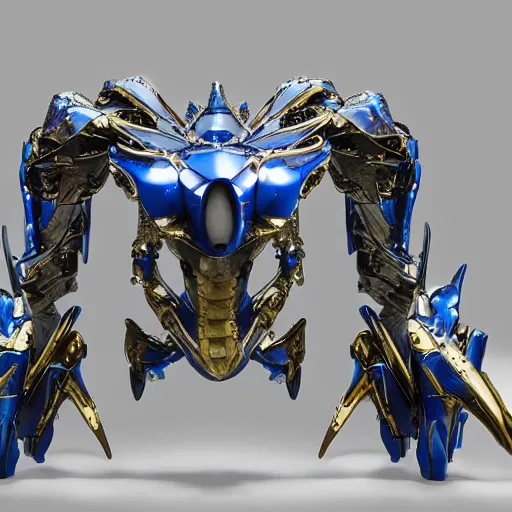 Image similar to shark themed sapphire mechanical exoskeleton wearing hardsurface armour, inlaid with gold rococo, bladed wings lace wear, sculpted spider zero, frank gehry, stephan martiniere, missle turrets, hyper detailed, custom mecha # frank gehry # spider zero
