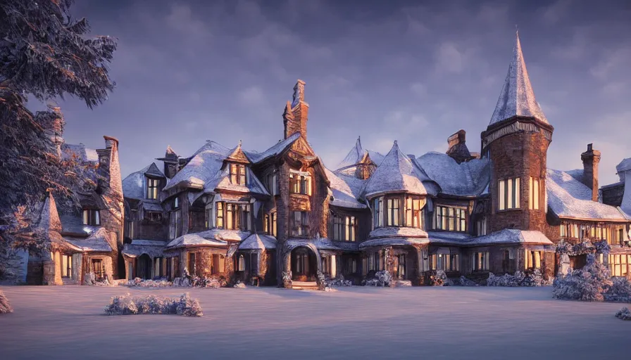 Image similar to wide angle of a Neo-Gothic manor built in the snow-caped mountains at sunset, volumetric light, hyperdetailed, artstation, cgsociety, 8k