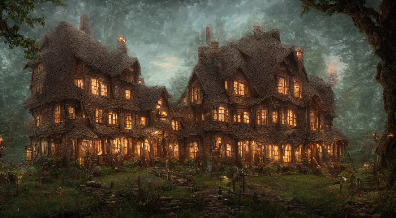 Prompt: house made out of hairy skin with eyeballs for windows, very detailed, in style of johan grenier, thomas kinkade, artstation, 8 k 3 d, unreal engine, highly detailed, very intricate, cinematic lighting