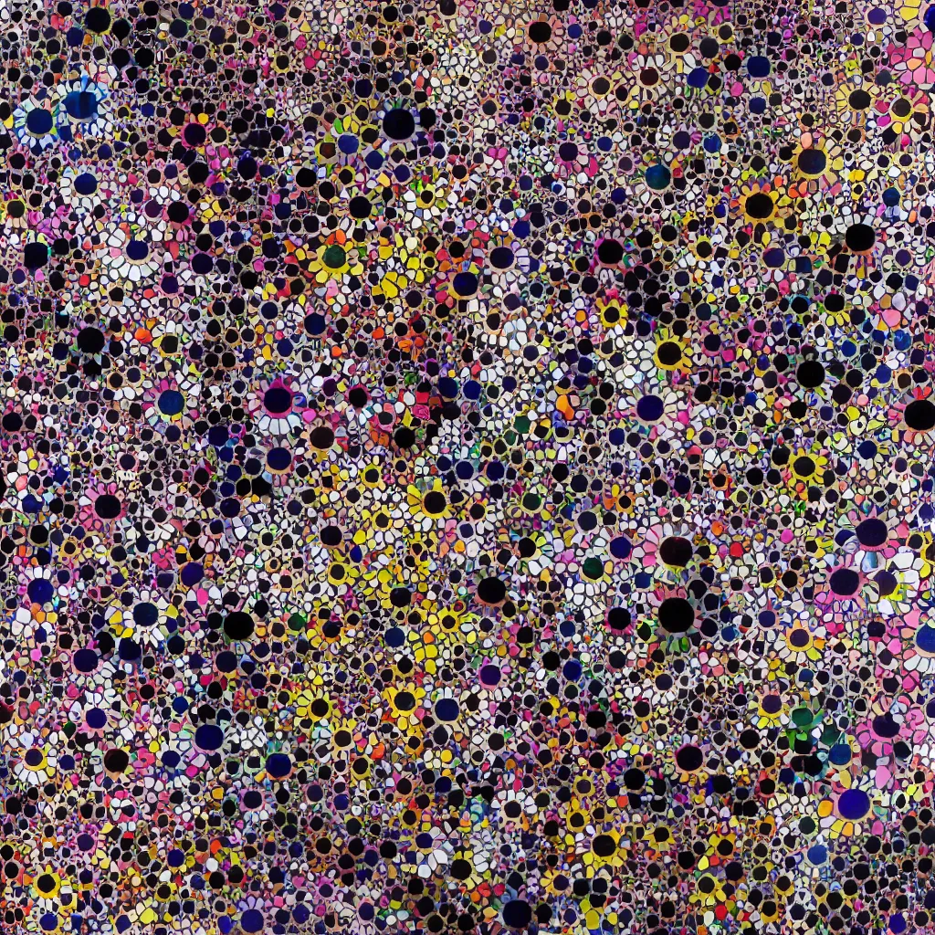 Image similar to camouflage made of flowers, style of takashi murakami, abstract, rei kawakubo artwork, cryptic, stipple, lines, splotch, color tearing, pitch bending, color splotches, dark, ominous, eerie, minimal, points, technical, old painting