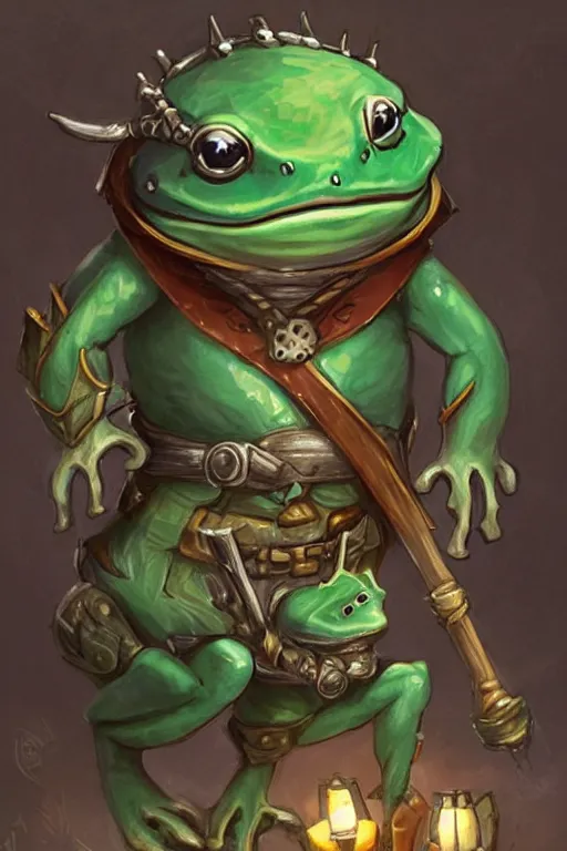 Image similar to cute anthropomorphic frog knight wearing a cape and a Viking helmet and holding lantern, tiny, small, miniature frog, baby animal, short, pale blue armor, cute and adorable, pretty, beautiful, DnD character art portrait, matte fantasy painting, DeviantArt Artstation, by Jason Felix by Steve Argyle by Tyler Jacobson by Peter Mohrbacher, cinematic lighting