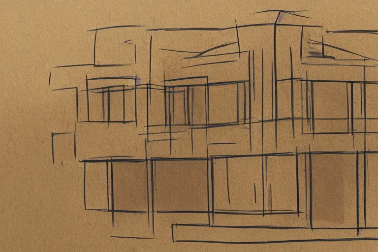 Prompt: an architectural sketch on a textured brown paper, windows bright with orange and yellow color