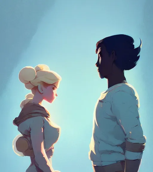 Image similar to a princess and a prince standing face to face by atey ghailan, by greg rutkowski, by greg tocchini, by james gilleard, by joe fenton, by kaethe butcher, dynamic lighting, gradient light blue, brown, blonde cream and white color scheme, grunge aesthetic