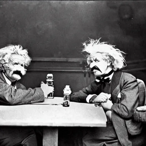 Image similar to Historical technicolor photograph, 350mm, arm wrestling match between Mark Twain and Albert Einstein