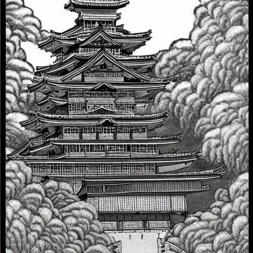 Prompt: japanese castle, art, detailed, kentaro miura style, black and white