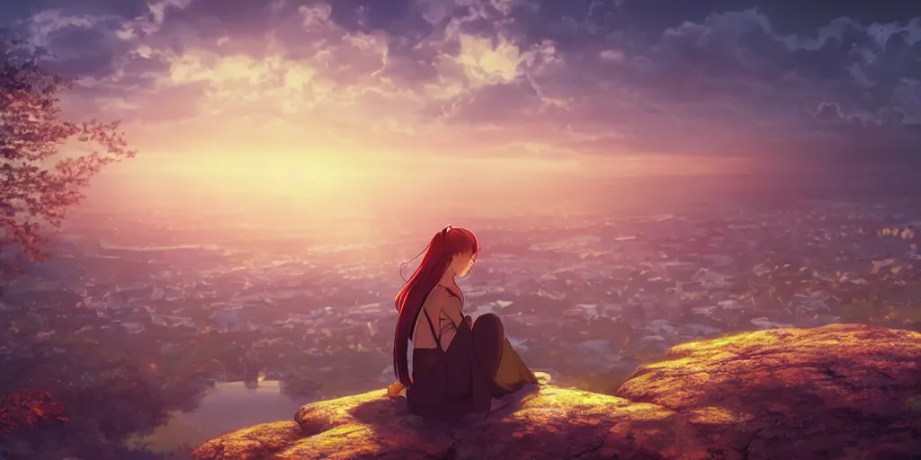 Image similar to tsarevna sitting on a rock off to the side looking down upon swedish town, during dawn, cinematic, very warm colors, intense shadows, anime illustration, anime screenshot composite background