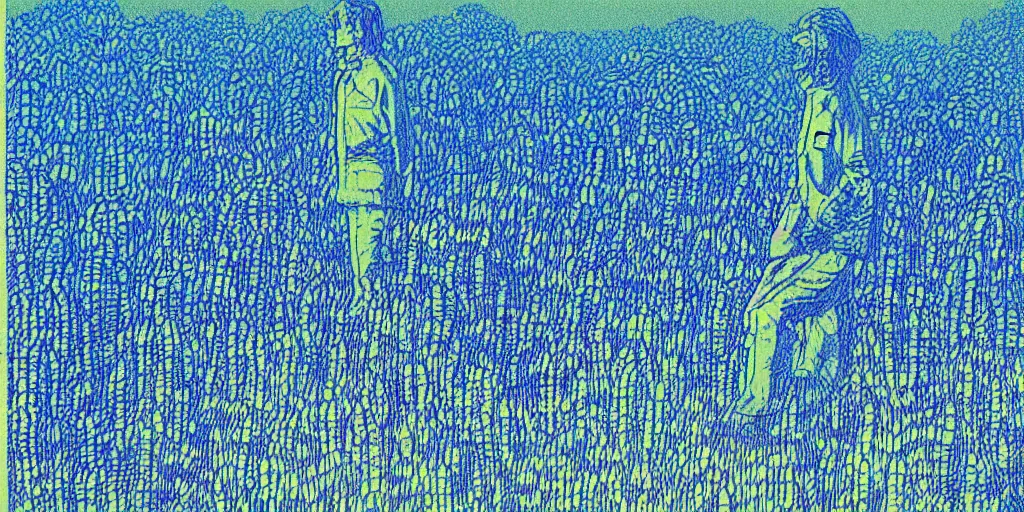 Image similar to risograph grainy painting of tomorrow harvest, i see drones, by moebius and dirk dzimirsky and satisho kon, blue hour, close - up wide portrait