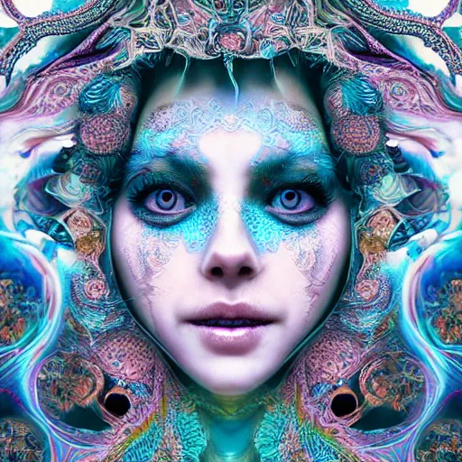 Prompt: wonderful princess of fractals and patterns, beautiful face, hyper detailed, background intricate and detailed, ornate 8 k gorgeous intricate detailed, octane render, psychedelic