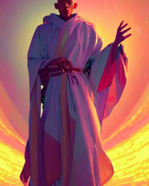 Image similar to a robot monk wearing a flowing cloak, vaporwave aesthetic, colorful, psychedelic, digital painting, artstation, concept art, smooth, sharp focus, illustration, art by artgerm and greg rutkowski and alphonse mucha