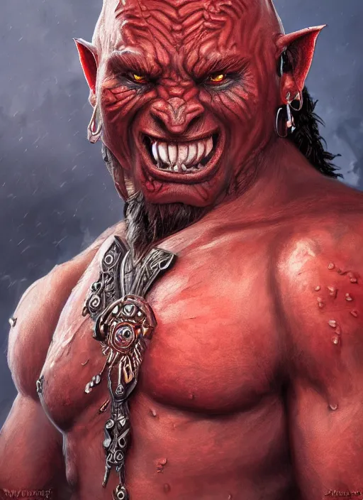 Image similar to red skin, orc, smiling, beautiful detailed eyes, cute, fantasy, intricate, elegant, highly detailed, digital painting, 4k, HDR, concept art, detailed jewelry, smooth, sharp focus, illustration, by Wayne Reynolds