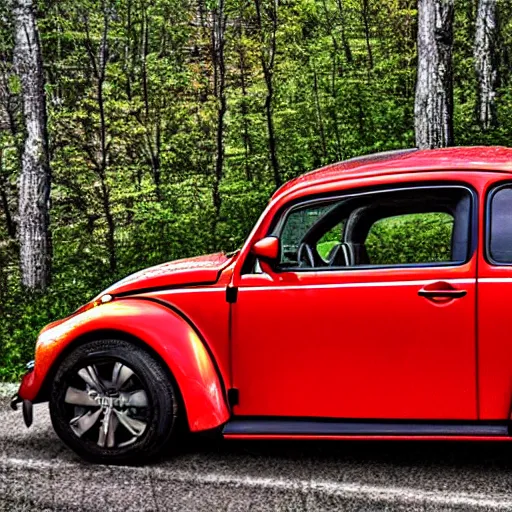 Prompt: promotional scifi - blockbuster movie scene of an insect - ladybug'glossy volkswagen beetle'hybrid, flying down a dusty backroad in smokey mountains tennessee. the hybrid is 2 / 3 ladybug. cinematic, muted dramtic color, 4 k, imax, 7 0 mm, hdr