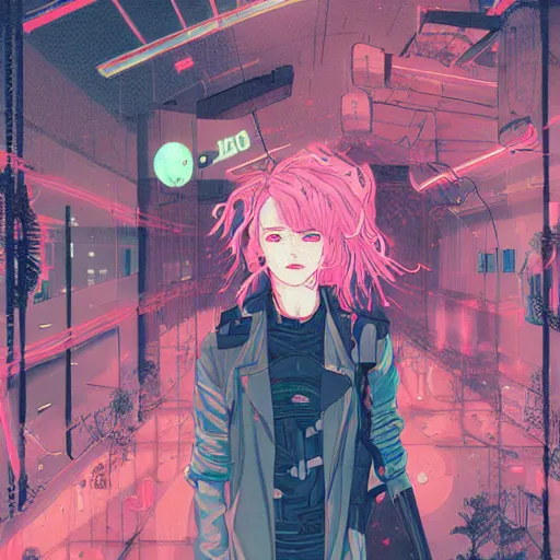 Image similar to zoom - out, a grungy cyberpunk anime, very cute, by super ss, cyberpunk fashion, curly pink hair, night sky by wlop, james jean, victo ngai, highly detailed