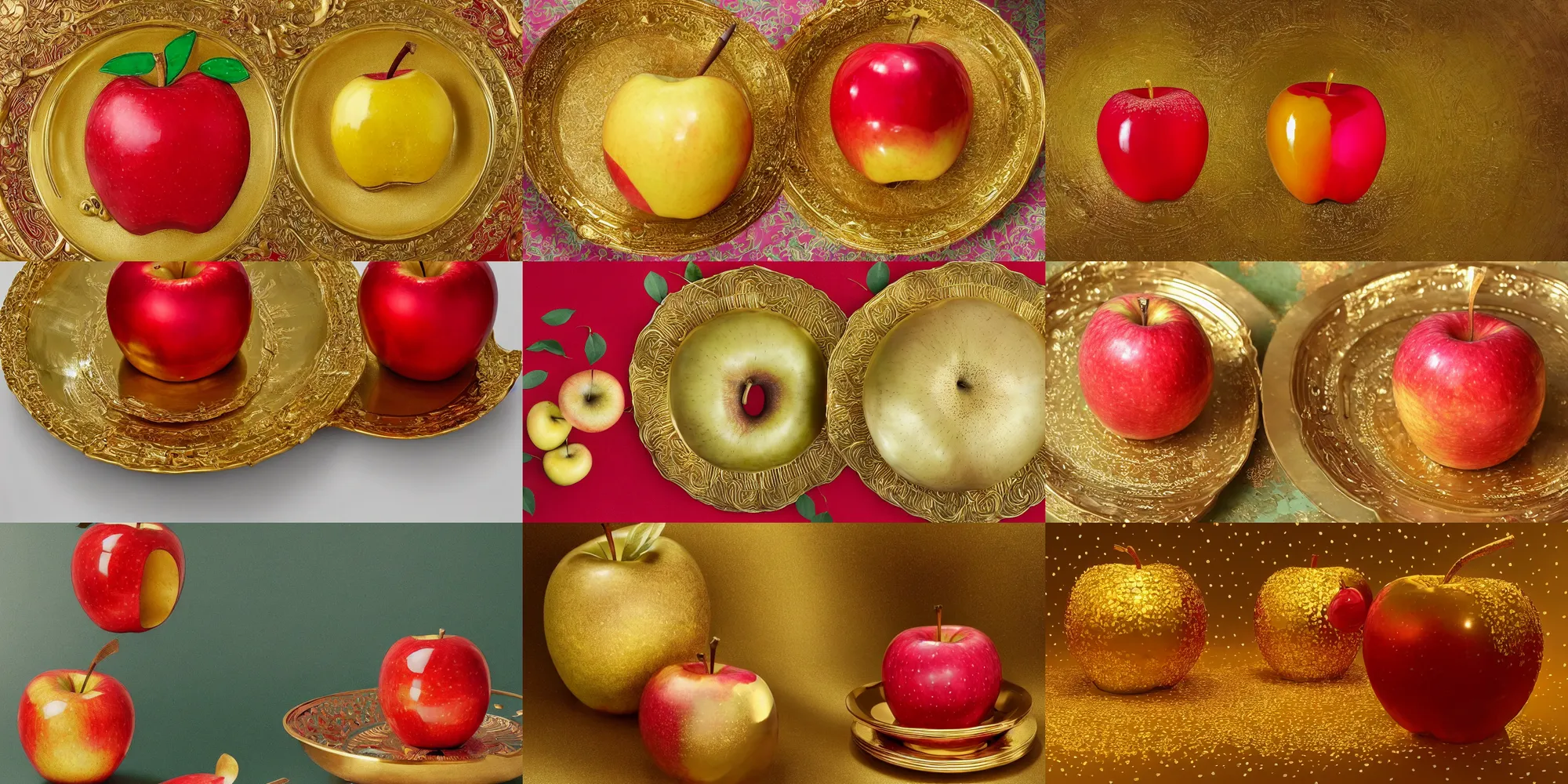 Prompt: A gigantic golden apple sits on a golden plate, its skin shining in the light. The apple is sliced in half, revealing a pink and red center. The plate is decorated with green leaves and a golden apple corer, and the whole thing is set in a golden setting. High details, 8k