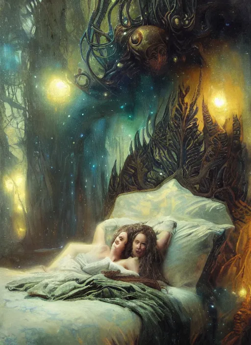 Image similar to my bed is a forest with a giant cthulhu eyes in the night star galaxie by gaston bussiere, anna nikonova aka newmilky, greg rutkowski, yoji shinkawa, yoshitaka amano, moebius, donato giancola, geoffroy thoorens, trending on artstation, featured on pixiv, cinematic composition