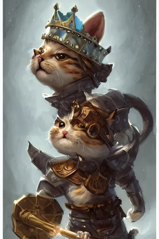 Image similar to cute little anthropomorphic cat knight wearing a cape and a crown, tiny, small, miniature cat , baby animal, short, pale blue armor, cute and adorable, pretty, beautiful, DnD character art portrait, matte fantasy painting, DeviantArt Artstation, by Jason Felix by Steve Argyle by Tyler Jacobson by Peter Mohrbacher, cinematic lighting