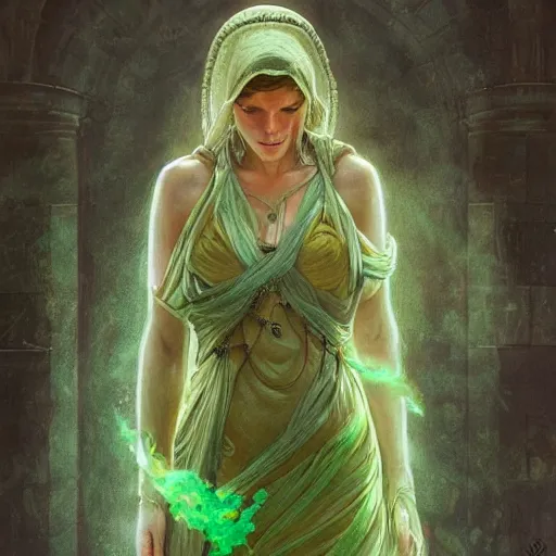 Prompt: epic masterpiece full body portrait of the Oracle at Delphi, female, gauze dress, inhaling the green fumes, highly detailed, digital painting, artstation, concept art, sharp focus, illustration, art by artgerm and greg rutkowski and alphonse mucha