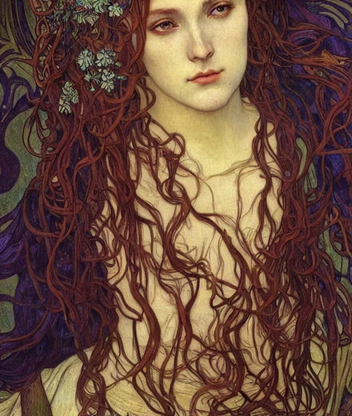 Image similar to detailed realistic beautiful young medieval queen face portrait by jean delville, alphonse mucha, vincent van gogh, and marco mazzoni, art nouveau, symbolist, visionary, gothic, pre - raphaelite